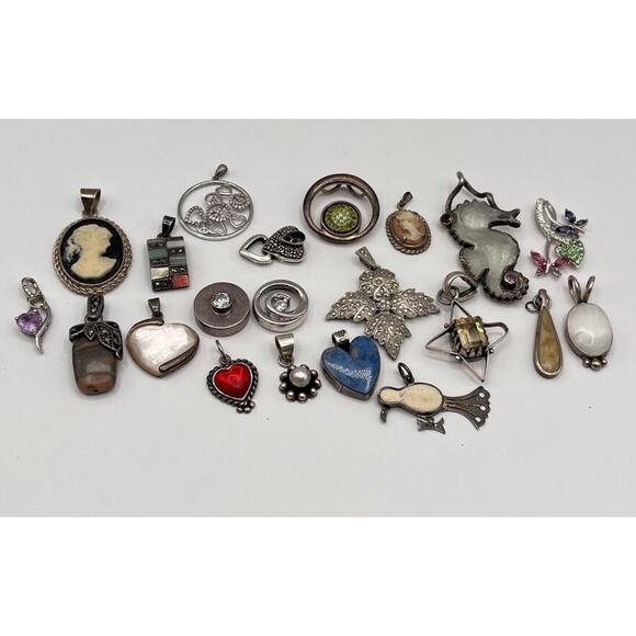 Sterling Silver 925 LOT PENDANTS Charms BUNDLE Cameo Heart Other AS IS CRAFT LOT - Picture 1 of 10